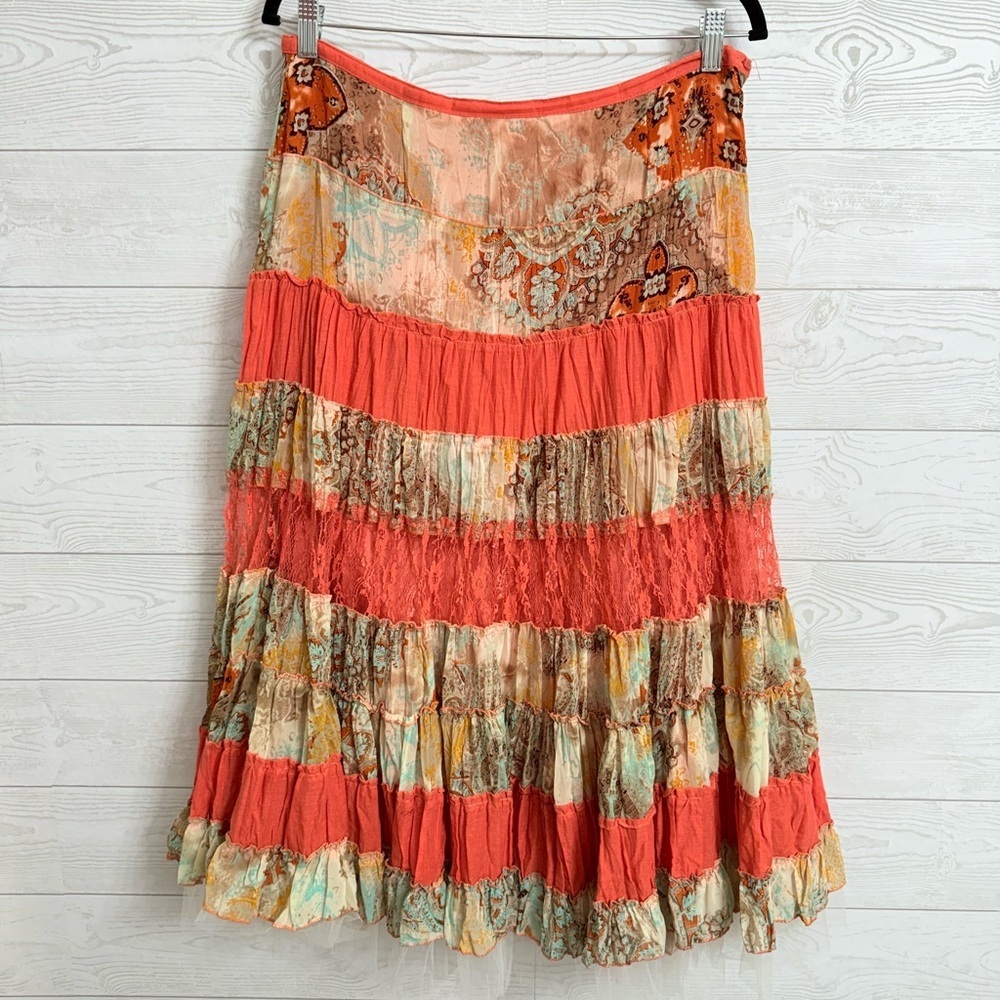 Panilli Women’s Peach Lace & Sheer Boho Layered Maxi Skirt. Size L